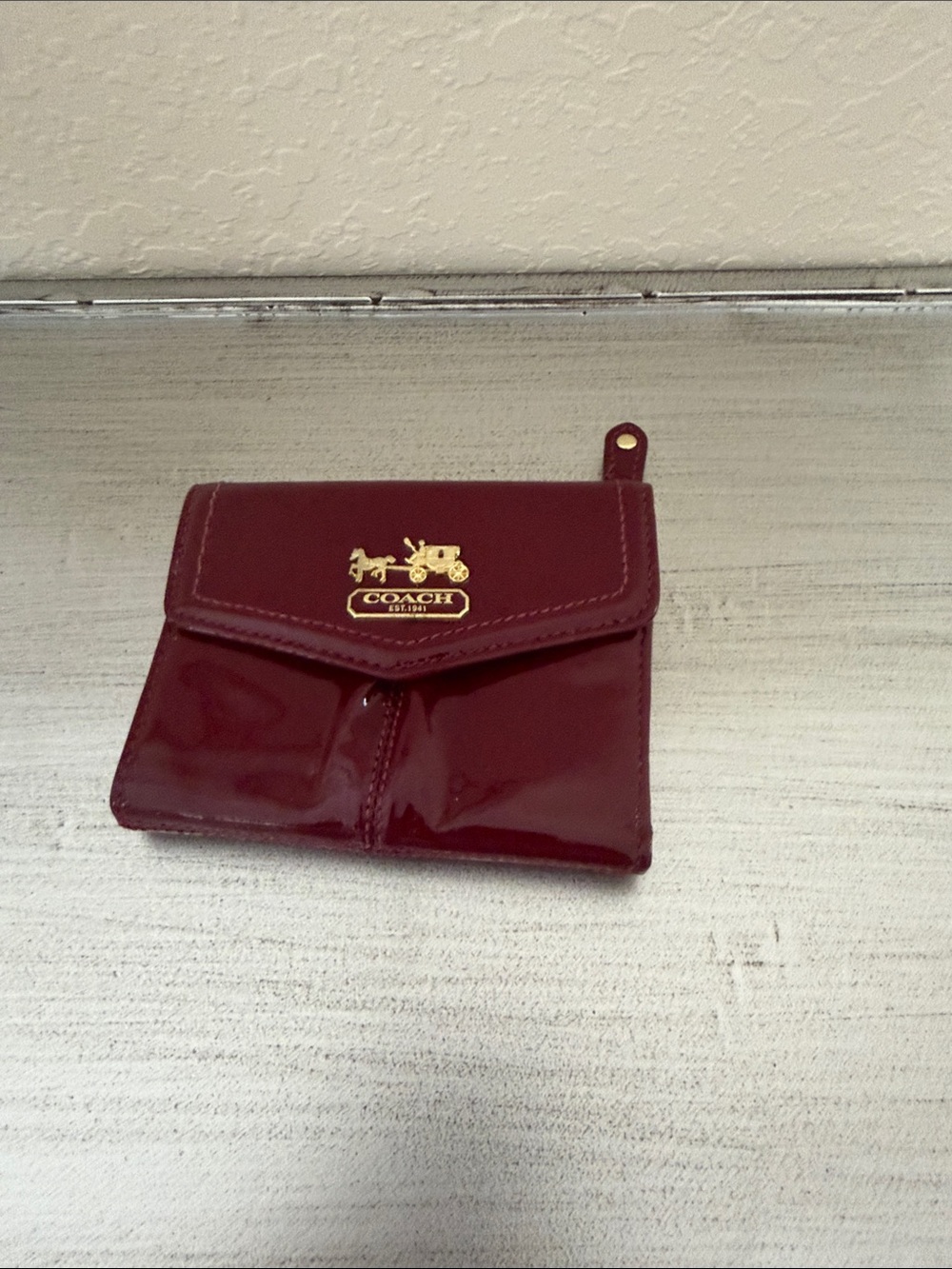 Coach Patent Leather Wallet in Burgundy with Gold Logo